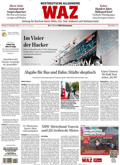 Titelbild der Ausgabe 297/2025 von WAZ Westdeutsche Allgemeine Zeitung für Bochum. Diese Zeitschrift und viele weitere Zeitungsabos als Abo oder epaper bei United Kiosk online kaufen.
