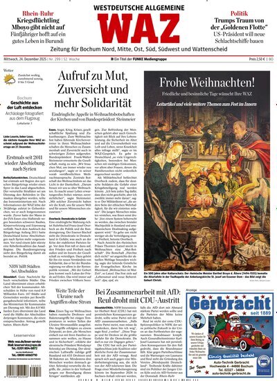 Titelbild der Ausgabe 299/2025 von WAZ Westdeutsche Allgemeine Zeitung für Bochum. Diese Zeitschrift und viele weitere Zeitungsabos als Abo oder epaper bei United Kiosk online kaufen.