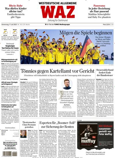 Titelbild der Ausgabe 163/2025 von WAZ Westdeutsche Allgemeine Zeitung für Dortmund. Diese Zeitschrift und viele weitere Zeitungsabos als Abo oder epaper bei United Kiosk online kaufen.