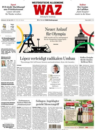 Titelbild der Ausgabe 123/2025 von WAZ Westdeutsche Allgemeine Zeitung für Duisburg. Diese Zeitschrift und viele weitere Zeitungsabos als Abo oder epaper bei United Kiosk online kaufen.