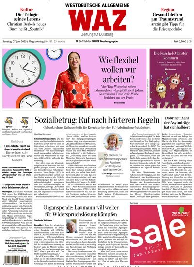 Titelbild der Ausgabe 131/2025 von WAZ Westdeutsche Allgemeine Zeitung für Duisburg. Diese Zeitschrift und viele weitere Zeitungsabos als Abo oder epaper bei United Kiosk online kaufen.