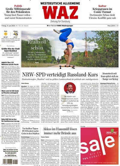 Titelbild der Ausgabe 135/2025 von WAZ Westdeutsche Allgemeine Zeitung für Duisburg. Diese Zeitschrift und viele weitere Zeitungsabos als Abo oder epaper bei United Kiosk online kaufen.