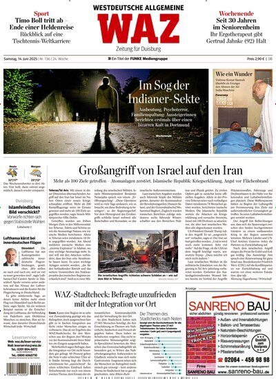 Titelbild der Ausgabe 136/2025 von WAZ Westdeutsche Allgemeine Zeitung für Duisburg. Diese Zeitschrift und viele weitere Zeitungsabos als Abo oder epaper bei United Kiosk online kaufen.