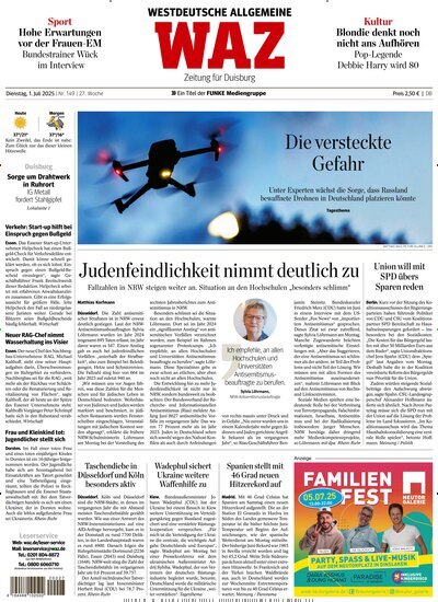 Titelbild der Ausgabe 149/2025 von WAZ Westdeutsche Allgemeine Zeitung für Duisburg. Diese Zeitschrift und viele weitere Zeitungsabos als Abo oder epaper bei United Kiosk online kaufen.