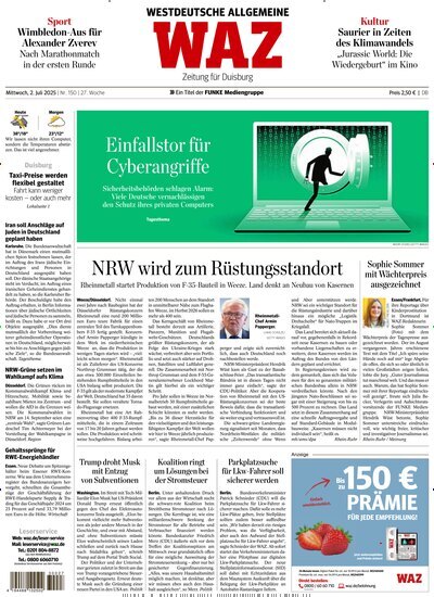 Titelbild der Ausgabe 150/2025 von WAZ Westdeutsche Allgemeine Zeitung für Duisburg. Diese Zeitschrift und viele weitere Zeitungsabos als Abo oder epaper bei United Kiosk online kaufen.