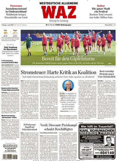 Titelbild der Ausgabe 152/2025 von WAZ Westdeutsche Allgemeine Zeitung für Duisburg. Diese Zeitschrift und viele weitere Zeitungsabos als Abo oder epaper bei United Kiosk online kaufen.