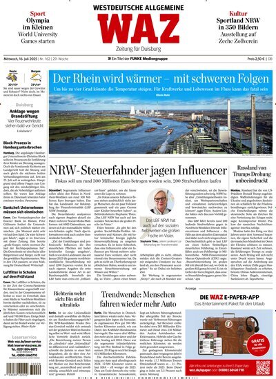 Titelbild der Ausgabe 162/2025 von WAZ Westdeutsche Allgemeine Zeitung für Duisburg. Diese Zeitschrift und viele weitere Zeitungsabos als Abo oder epaper bei United Kiosk online kaufen.