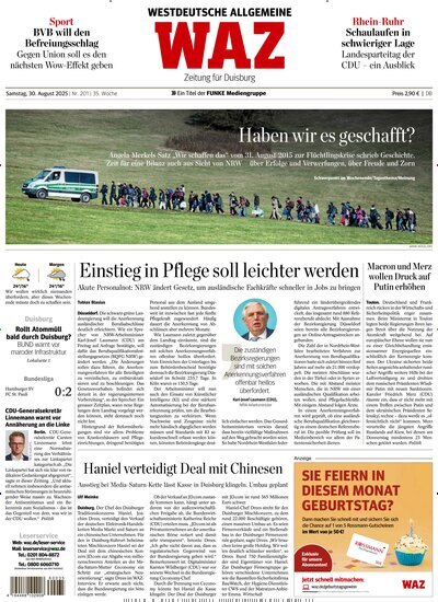 Titelbild der Ausgabe 201/2025 von WAZ Westdeutsche Allgemeine Zeitung für Duisburg. Diese Zeitschrift und viele weitere Zeitungsabos als Abo oder epaper bei United Kiosk online kaufen.