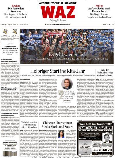 Titelbild der Ausgabe 176/2025 von WAZ Westdeutsche Allgemeine Zeitung für Essen. Diese Zeitschrift und viele weitere Zeitungsabos als Abo oder epaper bei United Kiosk online kaufen.