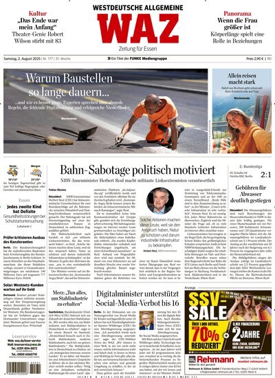 Titelbild der Ausgabe 177/2025 von WAZ Westdeutsche Allgemeine Zeitung für Essen. Diese Zeitschrift und viele weitere Zeitungsabos als Abo oder epaper bei United Kiosk online kaufen.