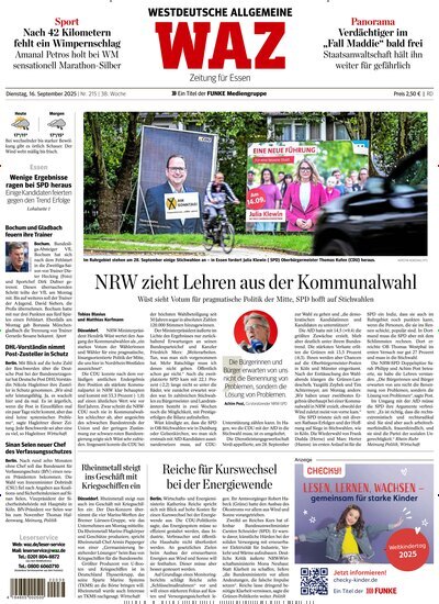 Titelbild der Ausgabe 215/2025 von WAZ Westdeutsche Allgemeine Zeitung für Essen. Diese Zeitschrift und viele weitere Zeitungsabos als Abo oder epaper bei United Kiosk online kaufen.
