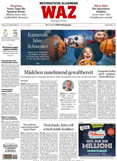 Titelbild der Ausgabe 253/2025 von WAZ Westdeutsche Allgemeine Zeitung für Essen. Diese Zeitschrift und viele weitere Zeitungsabos als Abo oder epaper bei United Kiosk online kaufen.