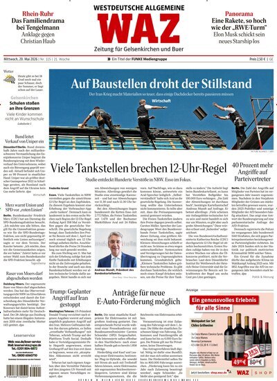 Titelbild der Ausgabe 115/2026 von WAZ Westdeutsche Allgemeine Zeitung für Gelsenkirchen. Diese Zeitschrift und viele weitere Zeitungsabos als Abo oder epaper bei United Kiosk online kaufen.