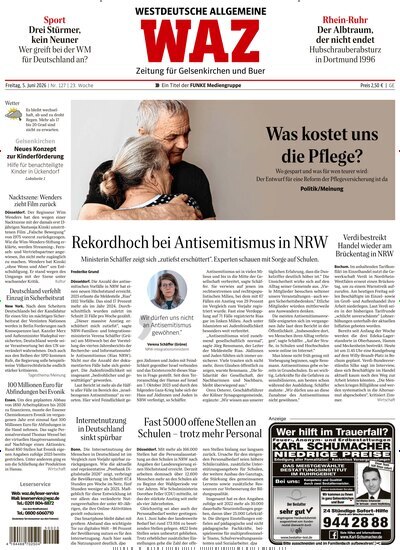 Titelbild der Ausgabe 127/2026 von WAZ Westdeutsche Allgemeine Zeitung für Gelsenkirchen. Diese Zeitschrift und viele weitere Zeitungsabos als Abo oder epaper bei United Kiosk online kaufen.