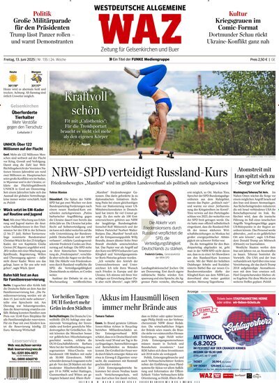 Titelbild der Ausgabe 135/2025 von WAZ Westdeutsche Allgemeine Zeitung für Gelsenkirchen. Diese Zeitschrift und viele weitere Zeitungsabos als Abo oder epaper bei United Kiosk online kaufen.