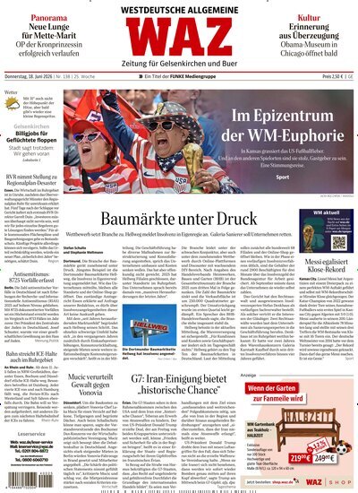 Titelbild der Ausgabe 138/2026 von WAZ Westdeutsche Allgemeine Zeitung für Gelsenkirchen. Diese Zeitschrift und viele weitere Zeitungsabos als Abo oder epaper bei United Kiosk online kaufen.