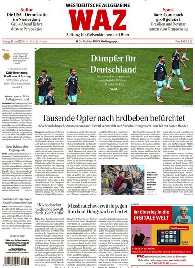 Titelbild der Ausgabe 145/2026 von WAZ Westdeutsche Allgemeine Zeitung für Gelsenkirchen. Diese Zeitschrift und viele weitere Zeitungsabos als Abo oder epaper bei United Kiosk online kaufen.