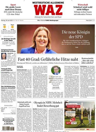 Titelbild der Ausgabe 148/2025 von WAZ Westdeutsche Allgemeine Zeitung für Gelsenkirchen. Diese Zeitschrift und viele weitere Zeitungsabos als Abo oder epaper bei United Kiosk online kaufen.
