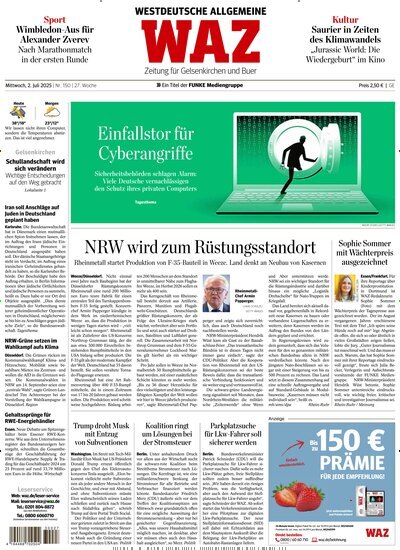 Titelbild der Ausgabe 150/2025 von WAZ Westdeutsche Allgemeine Zeitung für Gelsenkirchen. Diese Zeitschrift und viele weitere Zeitungsabos als Abo oder epaper bei United Kiosk online kaufen.