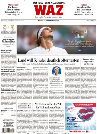 Titelbild der Ausgabe 151/2025 von WAZ Westdeutsche Allgemeine Zeitung für Gelsenkirchen. Diese Zeitschrift und viele weitere Zeitungsabos als Abo oder epaper bei United Kiosk online kaufen.
