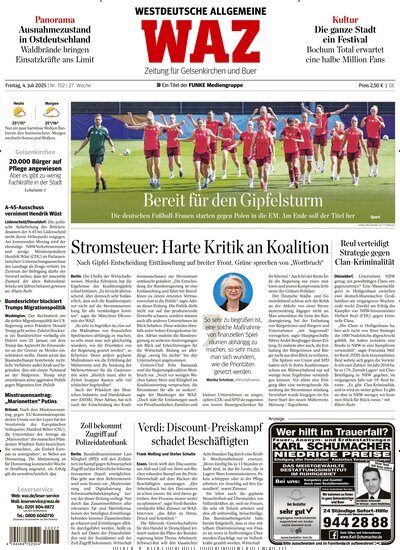Titelbild der Ausgabe 152/2025 von WAZ Westdeutsche Allgemeine Zeitung für Gelsenkirchen. Diese Zeitschrift und viele weitere Zeitungsabos als Abo oder epaper bei United Kiosk online kaufen.