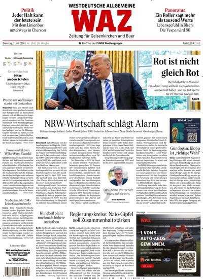 Titelbild der Ausgabe 154/2026 von WAZ Westdeutsche Allgemeine Zeitung für Gelsenkirchen. Diese Zeitschrift und viele weitere Zeitungsabos als Abo oder epaper bei United Kiosk online kaufen.