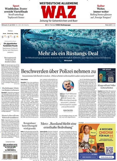 Titelbild der Ausgabe 155/2026 von WAZ Westdeutsche Allgemeine Zeitung für Gelsenkirchen. Diese Zeitschrift und viele weitere Zeitungsabos als Abo oder epaper bei United Kiosk online kaufen.