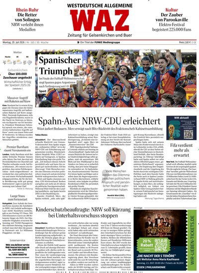 Titelbild der Ausgabe 165/2026 von WAZ Westdeutsche Allgemeine Zeitung für Gelsenkirchen. Diese Zeitschrift und viele weitere Zeitungsabos als Abo oder epaper bei United Kiosk online kaufen.