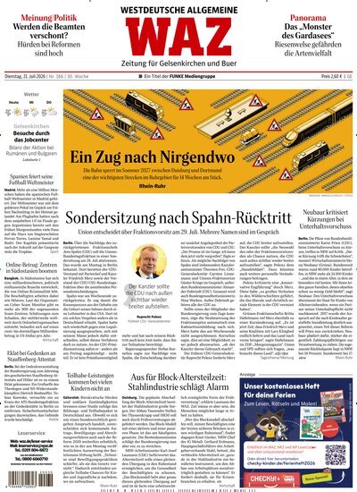 Titelbild der Ausgabe 166/2026 von WAZ Westdeutsche Allgemeine Zeitung für Gelsenkirchen. Diese Zeitschrift und viele weitere Zeitungsabos als Abo oder epaper bei United Kiosk online kaufen.
