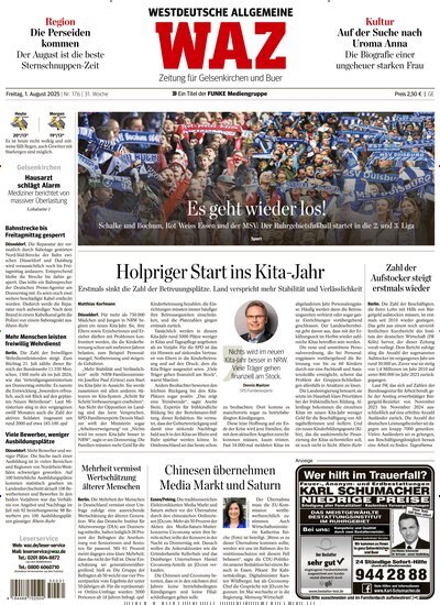 Titelbild der Ausgabe 176/2025 von WAZ Westdeutsche Allgemeine Zeitung für Gelsenkirchen. Diese Zeitschrift und viele weitere Zeitungsabos als Abo oder epaper bei United Kiosk online kaufen.