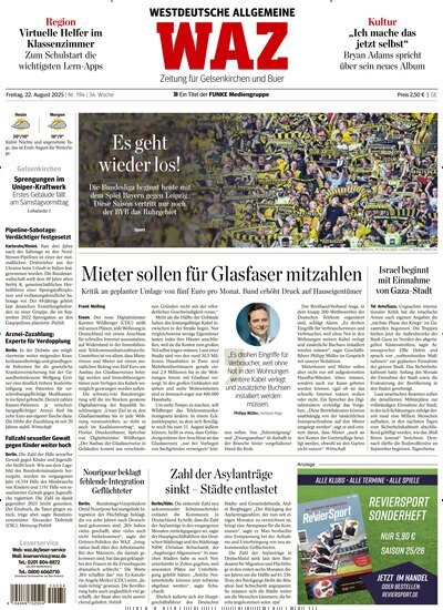 Titelbild der Ausgabe 194/2025 von WAZ Westdeutsche Allgemeine Zeitung für Gelsenkirchen. Diese Zeitschrift und viele weitere Zeitungsabos als Abo oder epaper bei United Kiosk online kaufen.