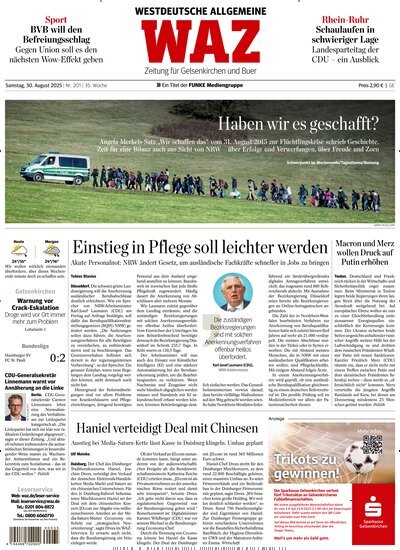 Titelbild der Ausgabe 201/2025 von WAZ Westdeutsche Allgemeine Zeitung für Gelsenkirchen. Diese Zeitschrift und viele weitere Zeitungsabos als Abo oder epaper bei United Kiosk online kaufen.