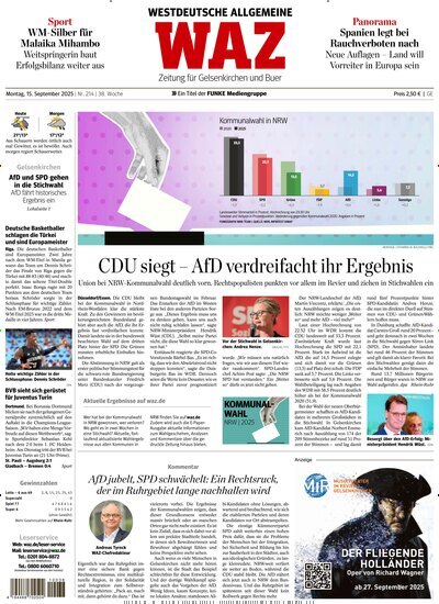 Titelbild der Ausgabe 214/2025 von WAZ Westdeutsche Allgemeine Zeitung für Gelsenkirchen. Diese Zeitschrift und viele weitere Zeitungsabos als Abo oder epaper bei United Kiosk online kaufen.