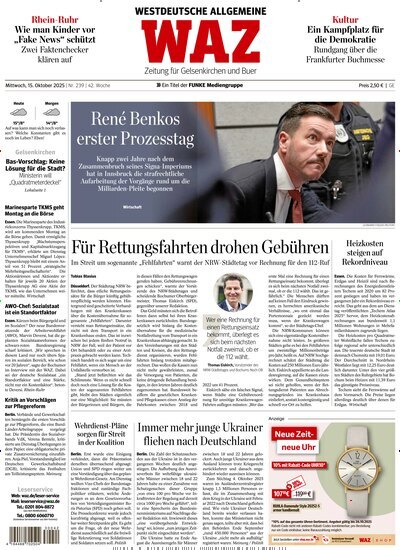 Titelbild der Ausgabe 239/2025 von WAZ Westdeutsche Allgemeine Zeitung für Gelsenkirchen. Diese Zeitschrift und viele weitere Zeitungsabos als Abo oder epaper bei United Kiosk online kaufen.