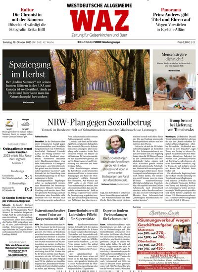 Titelbild der Ausgabe 242/2025 von WAZ Westdeutsche Allgemeine Zeitung für Gelsenkirchen. Diese Zeitschrift und viele weitere Zeitungsabos als Abo oder epaper bei United Kiosk online kaufen.