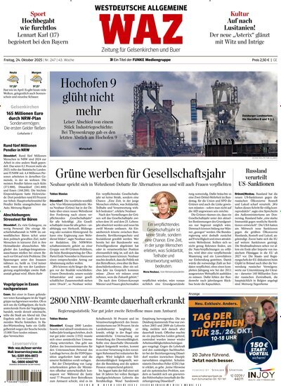 Titelbild der Ausgabe 247/2025 von WAZ Westdeutsche Allgemeine Zeitung für Gelsenkirchen. Diese Zeitschrift und viele weitere Zeitungsabos als Abo oder epaper bei United Kiosk online kaufen.