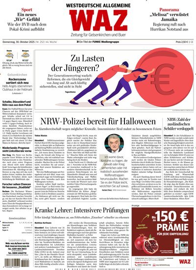 Titelbild der Ausgabe 252/2025 von WAZ Westdeutsche Allgemeine Zeitung für Gelsenkirchen. Diese Zeitschrift und viele weitere Zeitungsabos als Abo oder epaper bei United Kiosk online kaufen.