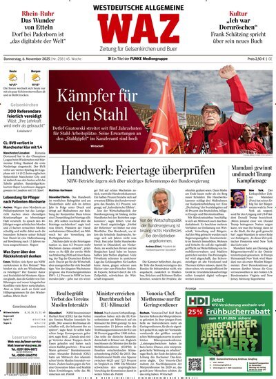 Titelbild der Ausgabe 257/2025 von WAZ Westdeutsche Allgemeine Zeitung für Gelsenkirchen. Diese Zeitschrift und viele weitere Zeitungsabos als Abo oder epaper bei United Kiosk online kaufen.