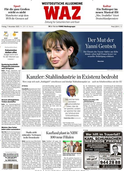 Titelbild der Ausgabe 258/2025 von WAZ Westdeutsche Allgemeine Zeitung für Gelsenkirchen. Diese Zeitschrift und viele weitere Zeitungsabos als Abo oder epaper bei United Kiosk online kaufen.