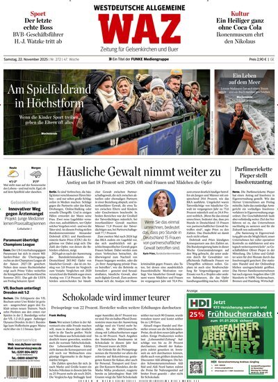 Titelbild der Ausgabe 271/2025 von WAZ Westdeutsche Allgemeine Zeitung für Gelsenkirchen. Diese Zeitschrift und viele weitere Zeitungsabos als Abo oder epaper bei United Kiosk online kaufen.