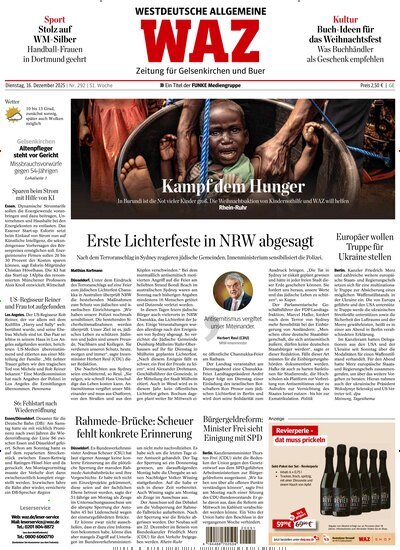 Titelbild der Ausgabe 292/2025 von WAZ Westdeutsche Allgemeine Zeitung für Gelsenkirchen. Diese Zeitschrift und viele weitere Zeitungsabos als Abo oder epaper bei United Kiosk online kaufen.