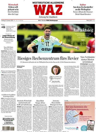 Titelbild der Ausgabe 13/2026 von WAZ Westdeutsche Allgemeine Zeitung für Gladbeck. Diese Zeitschrift und viele weitere Zeitungsabos als Abo oder epaper bei United Kiosk online kaufen.