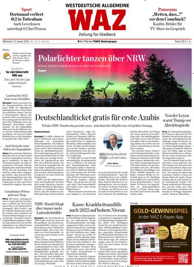 Titelbild der Ausgabe 17/2026 von WAZ Westdeutsche Allgemeine Zeitung für Gladbeck. Diese Zeitschrift und viele weitere Zeitungsabos als Abo oder epaper bei United Kiosk online kaufen.
