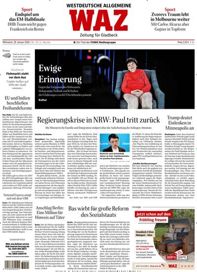 Titelbild der Ausgabe 23/2026 von WAZ Westdeutsche Allgemeine Zeitung für Gladbeck. Diese Zeitschrift und viele weitere Zeitungsabos als Abo oder epaper bei United Kiosk online kaufen.