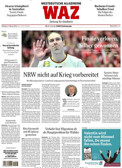 Titelbild der Ausgabe 27/2026 von WAZ Westdeutsche Allgemeine Zeitung für Gladbeck. Diese Zeitschrift und viele weitere Zeitungsabos als Abo oder epaper bei United Kiosk online kaufen.