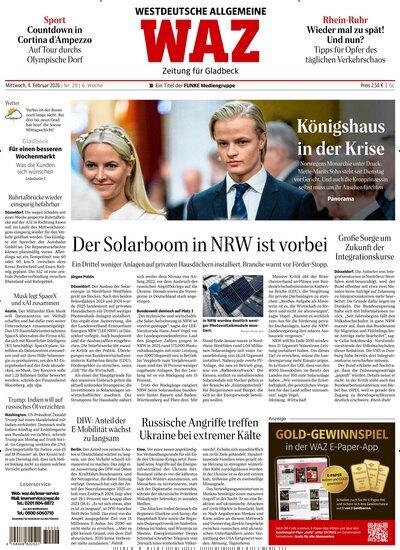 Titelbild der Ausgabe 29/2026 von WAZ Westdeutsche Allgemeine Zeitung für Gladbeck. Diese Zeitschrift und viele weitere Zeitungsabos als Abo oder epaper bei United Kiosk online kaufen.