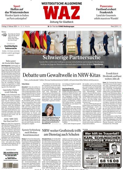 Titelbild der Ausgabe 31/2026 von WAZ Westdeutsche Allgemeine Zeitung für Gladbeck. Diese Zeitschrift und viele weitere Zeitungsabos als Abo oder epaper bei United Kiosk online kaufen.