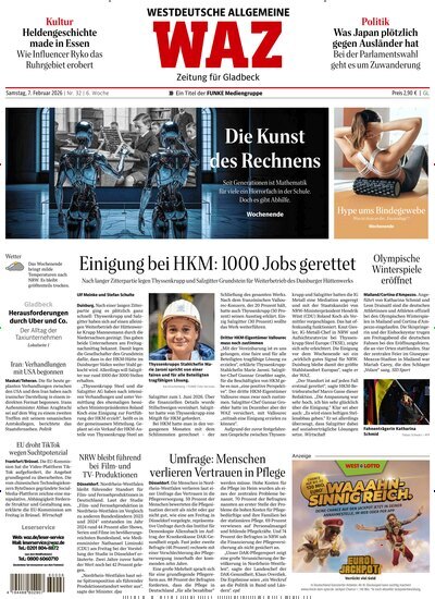 Titelbild der Ausgabe 32/2026 von WAZ Westdeutsche Allgemeine Zeitung für Gladbeck. Diese Zeitschrift und viele weitere Zeitungsabos als Abo oder epaper bei United Kiosk online kaufen.