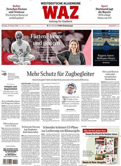 Titelbild der Ausgabe 38/2026 von WAZ Westdeutsche Allgemeine Zeitung für Gladbeck. Diese Zeitschrift und viele weitere Zeitungsabos als Abo oder epaper bei United Kiosk online kaufen.