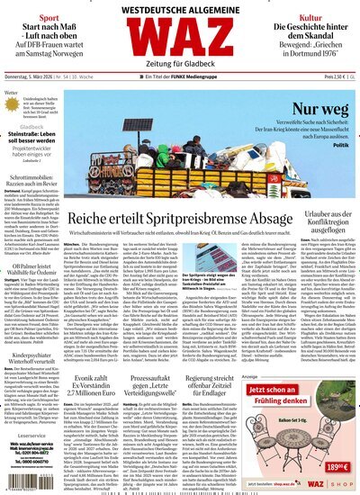 Titelbild der Ausgabe 54/2026 von WAZ Westdeutsche Allgemeine Zeitung für Gladbeck. Diese Zeitschrift und viele weitere Zeitungsabos als Abo oder epaper bei United Kiosk online kaufen.